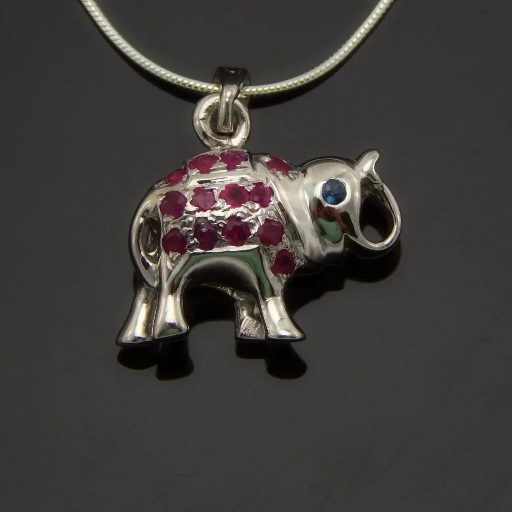 Genuine Ruby and Sapphire Lucky Elephant Necklace in 925 Sterling Silver